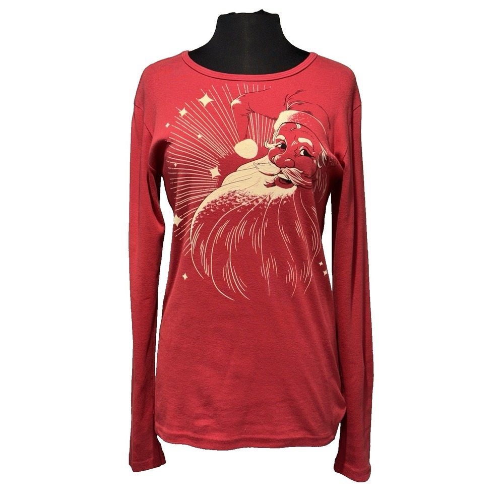 NEW Green 3 Classic‎ Santa Long Sleeve Tee Women's Large Red Christmas Holiday